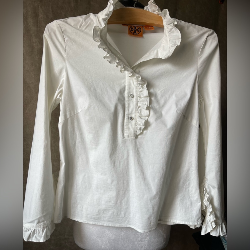 Tory Burch White Ruffle Blouse | Romantic Victorian Button Front Top Sz 2 - Picture 5 of 7